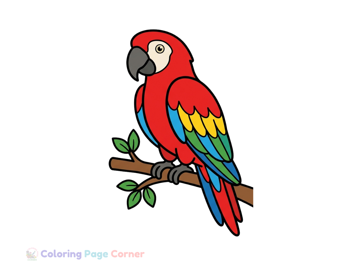 Colorful Parrot on a Perch Coloring Page for Kids