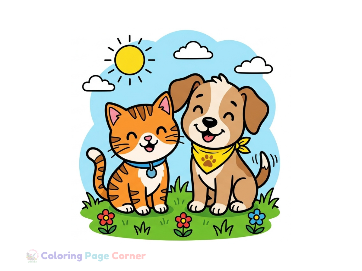 Printable Puppy and Kitten Friends Coloring Page