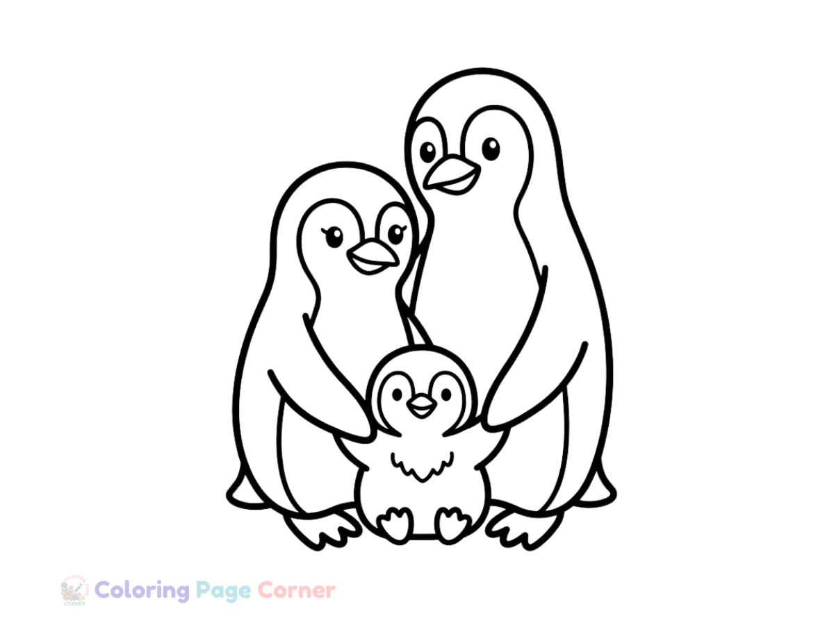 Penguin Family Coloring Page for Kids outline