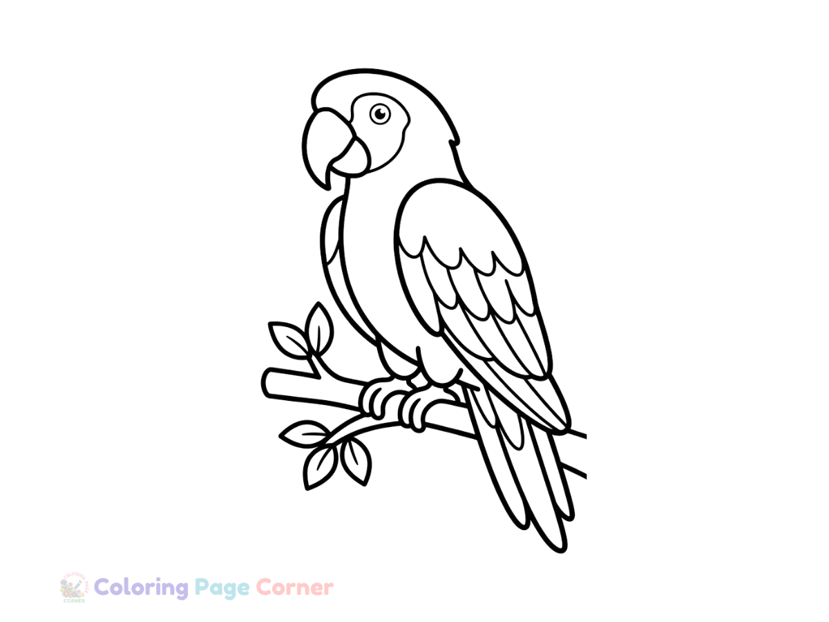 Colorful Parrot on a Perch Coloring Page for Kids outline