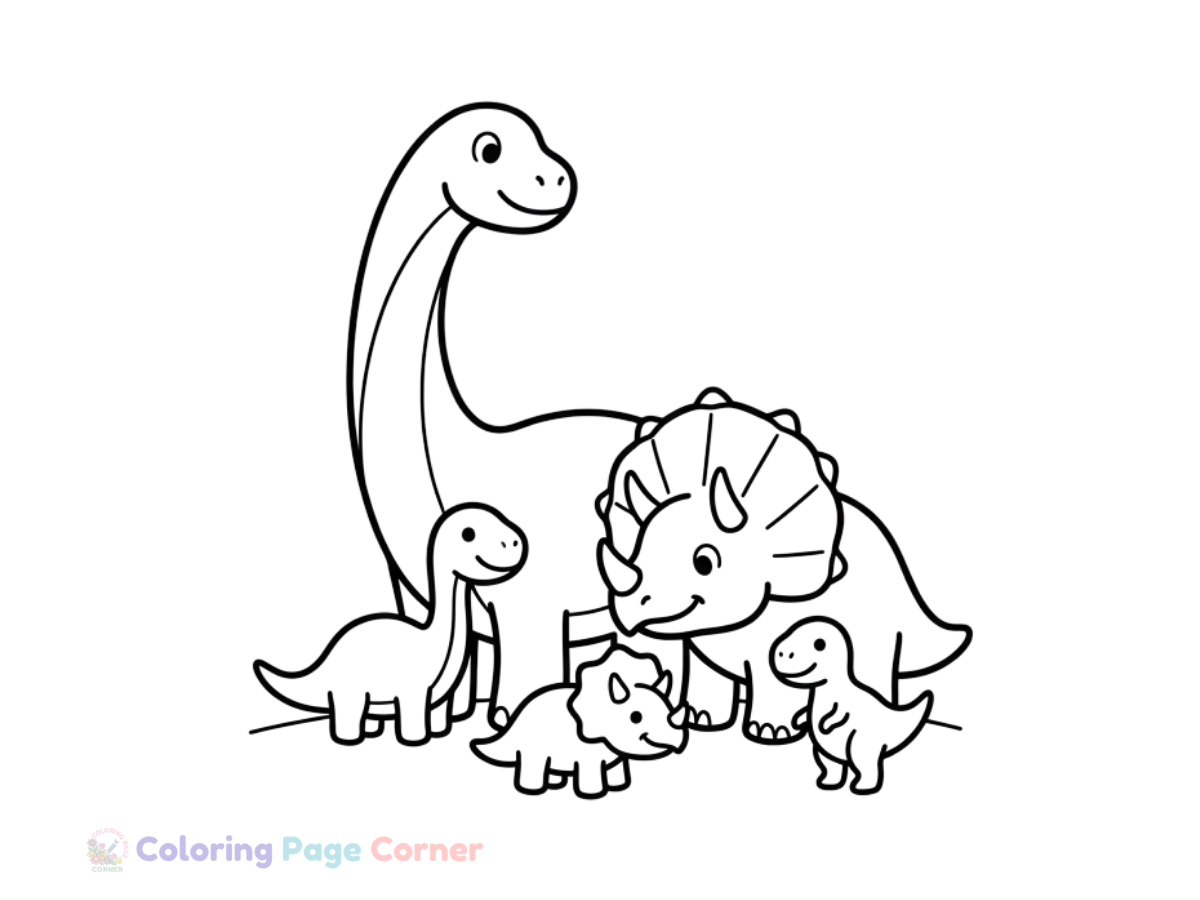 Dinosaur Family in a Forest Coloring Page outline